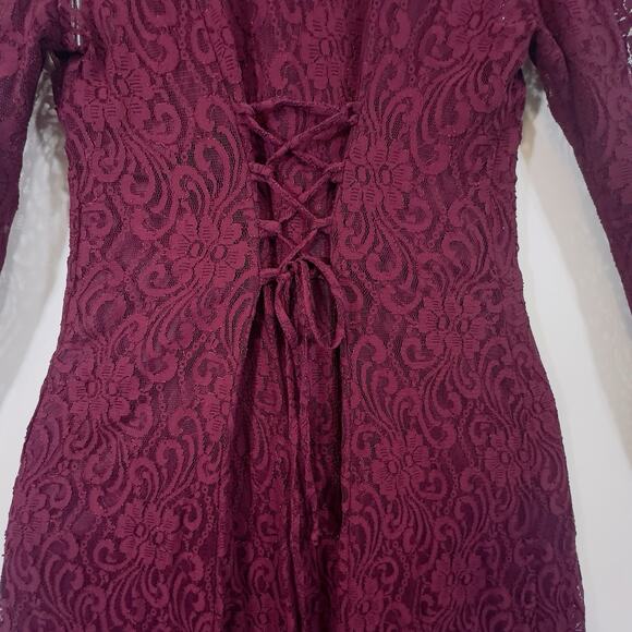 Vintage All That Jazz Burgundy Lace Maxi Dress Slip Set V-Neck Long Sleeve 7/8 - Picture 10 of 10